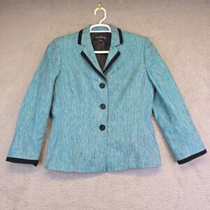 Evan Picone Blazer‎ Womens 10 Turquoise Linen Slit Sleeve Preppy Business Formal